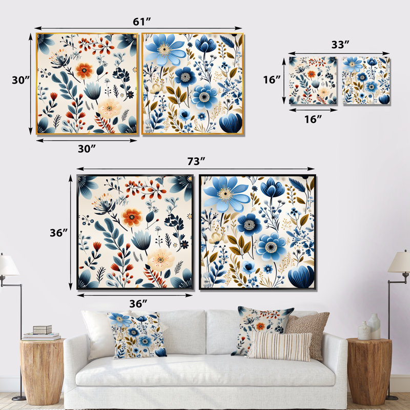 Lalie - Ensemble de 2 reproductions d'art sur toile florales, Cadre noir, H 30 po x l 61 po x P 1 po