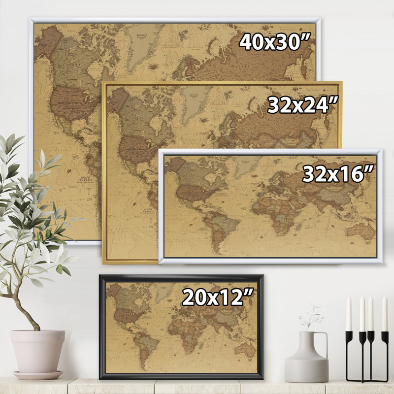 Ancienne carte du monde III - reproduction de cadre flottant sur toile, H 12 po x l 20 po x p 1 po, Noir
