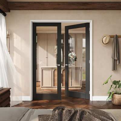 56" X 80" 1-Lite Black Clear Glass French Door With Silver Hinges, Clear Glass Door Slab With Frame, Sound-Dampening & Waterproof, Suit For Laundry, Closet Doors, Room Doors, Latch & Door Lever Included