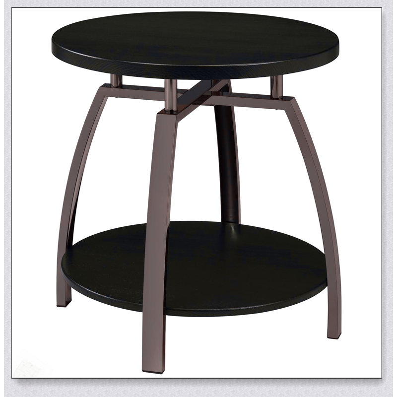 Table de bout en nickel foncé et gris foncé avec base en métal inclinée et tablette centrale pour un décor moderne