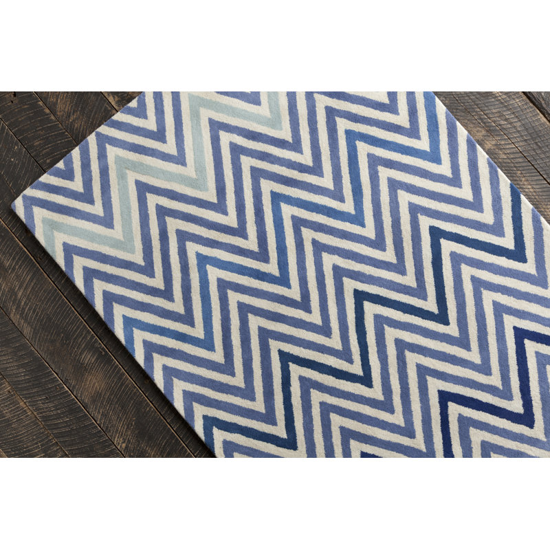 Tapis en laine à motif zigzag bleu, bleu sarcelle, bleu marine et blanc Ailey Authentic