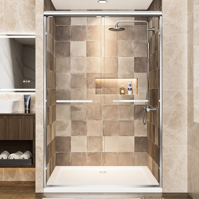 48" Width Aluminum Double Sliding Shower Door, 72" Height, 1/4"  6Mm  Tempered Glass With - Proof Film, Waterproof Design And Easy Installation In Modern Bathroom Door Frame, W X H, Clear Adjustable