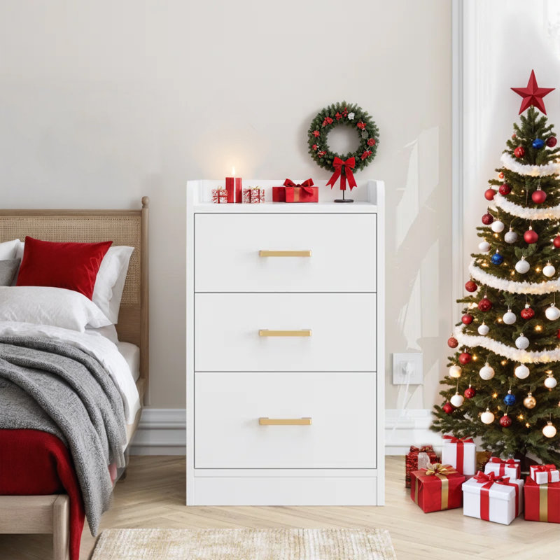 Bettylee 3-Drawer Nightstand with Charging Station, White, Individual