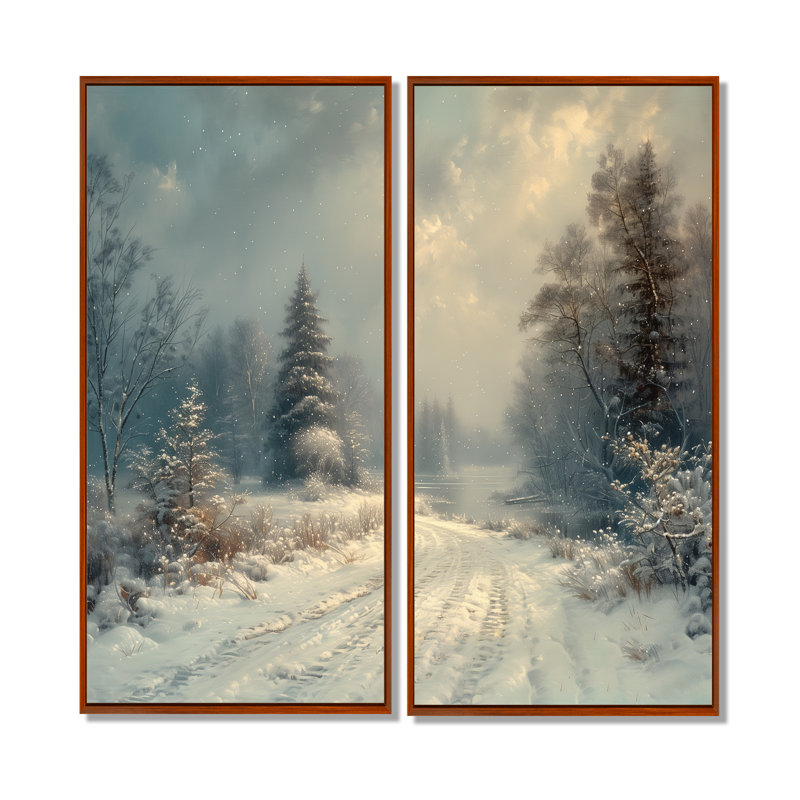 «White Winter Winter Road Into Forest III - Winter Landscape», impressions sur toile 2 pièces, H 32 po x l 32 po, Brun