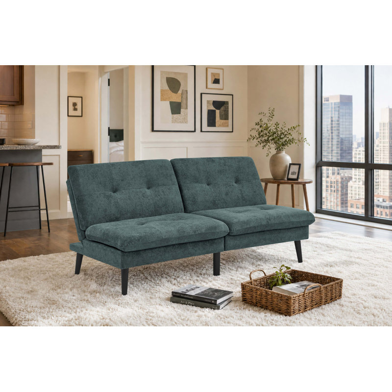 Futon en mélange de polyester avec confort capitonné et conversion facile, Tissu vert antique