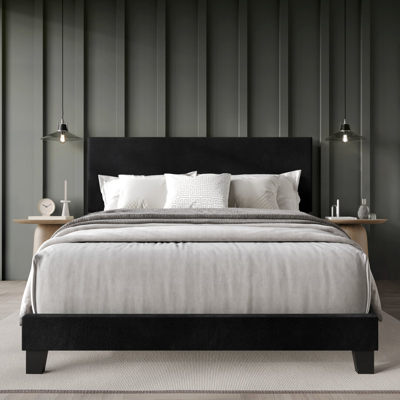 Lit tapissier double en velours noir, Lit simple, Noir