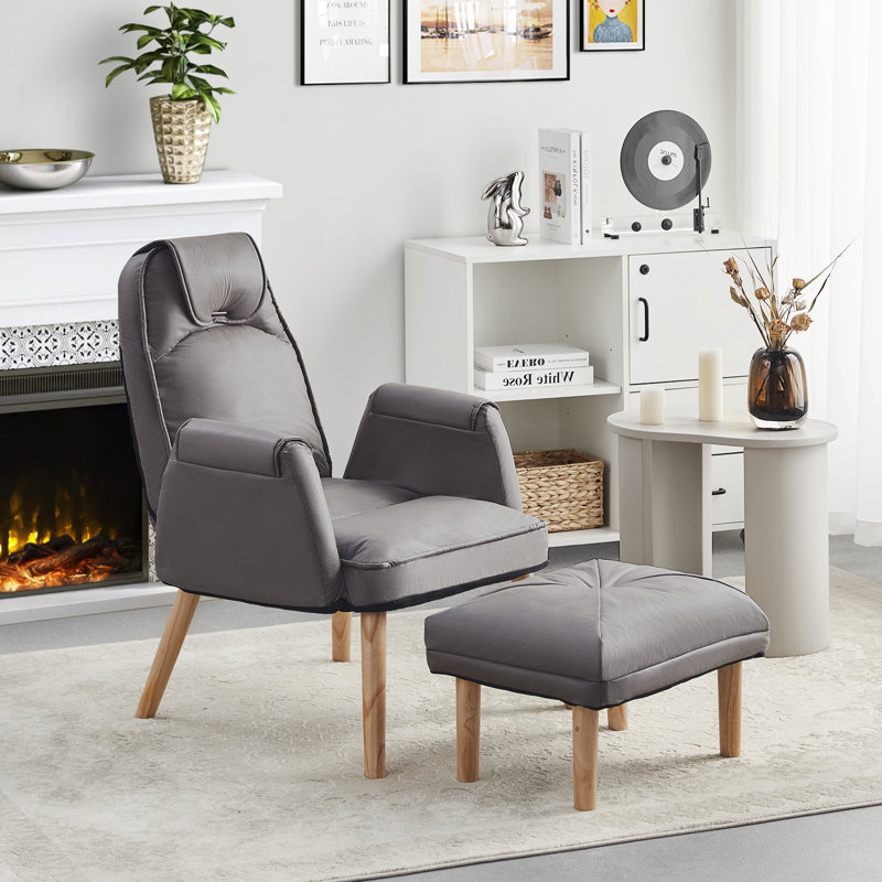 Vicenta Faux Leather Accent Chair with Footstool, Grey