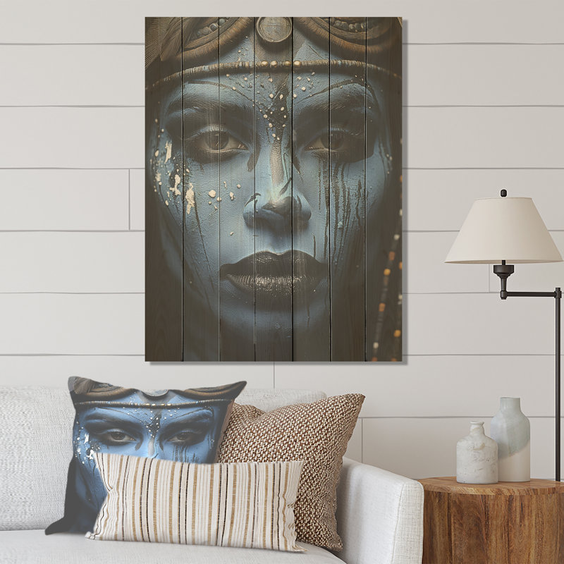 «Blue Mursi's Pride In Afrique Portrait I - Tribal africain sur bois», H 40 po x l 30 po
