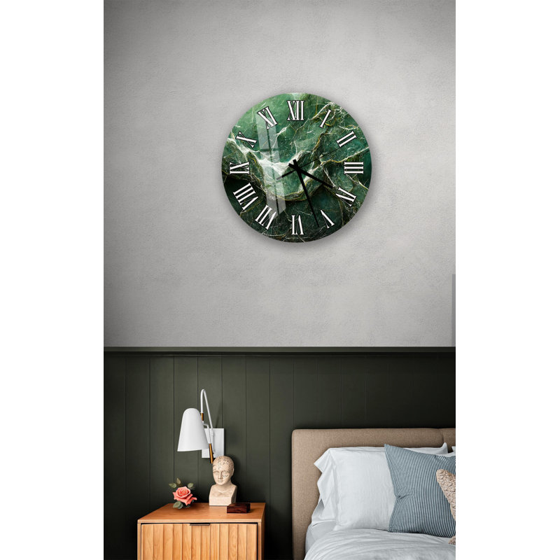 Horloge murale en marbre vert - Art abstrait pierre émeraude - Décoration moderne en verre trempé - Horloge ronde de luxe inspirée de la nature pour le salon