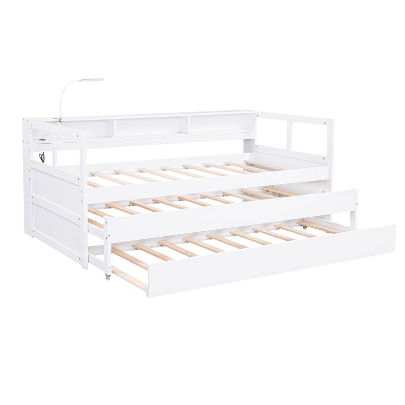 Twin XL Wood Daybed with 2 Trundles, Storage Cubbies, LED Light, USB Charging Bed Frame, White, White