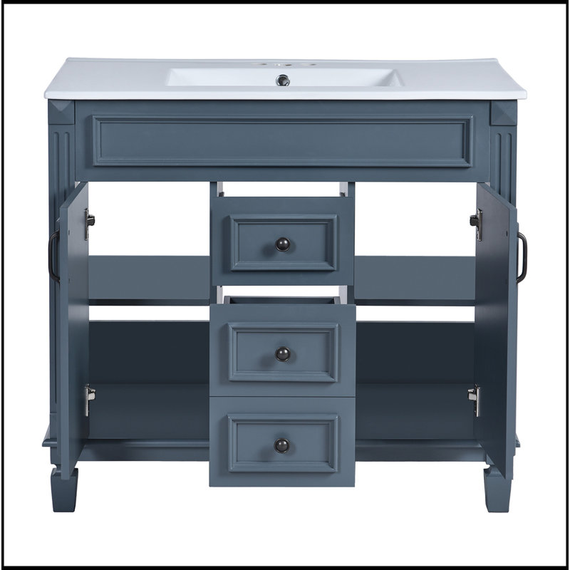 Meuble-lavabo 36 po avec lavabo supérieur, armoire de rangement moderne avec 2 portes à fermeture douce et 2 tiroirs, meuble-lavabo simple
