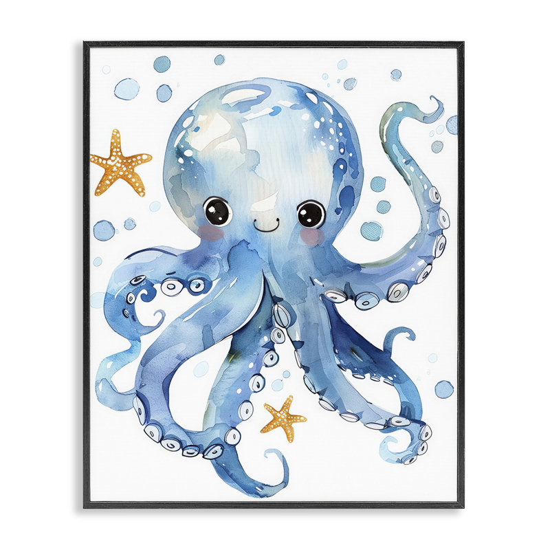«Happy Smile Octopus», estampe numérique par Franklyn Gregory, H 14 po x l 11 po, Giclée encadrée noir minuit