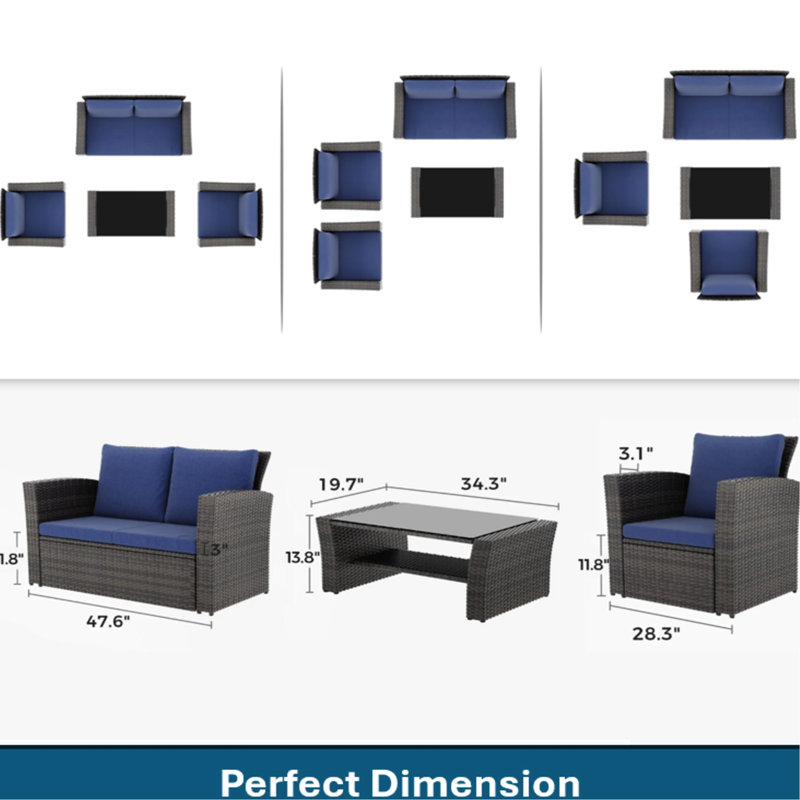 Ensemble de mobilier de patio 4 pièces avec coussins bleus, revêtement en PE résistant aux intempéries et table en verre léger, idéal pour les petits espaces extérieurs. Table tressée à la main en bois trempé.