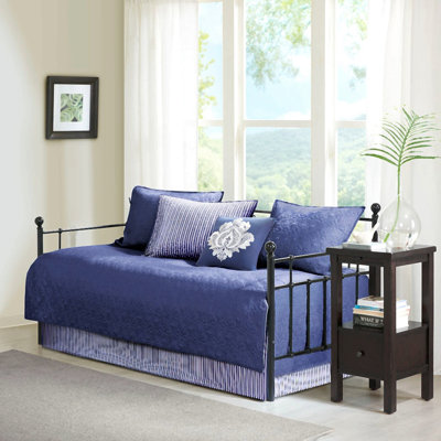 6 Piece Reversible Cotton Daybed Cover Set, Deep Navy Classic Stitch Quilt, Solid and Printed Stripe Reversible Sides, Twin Size, Quilted