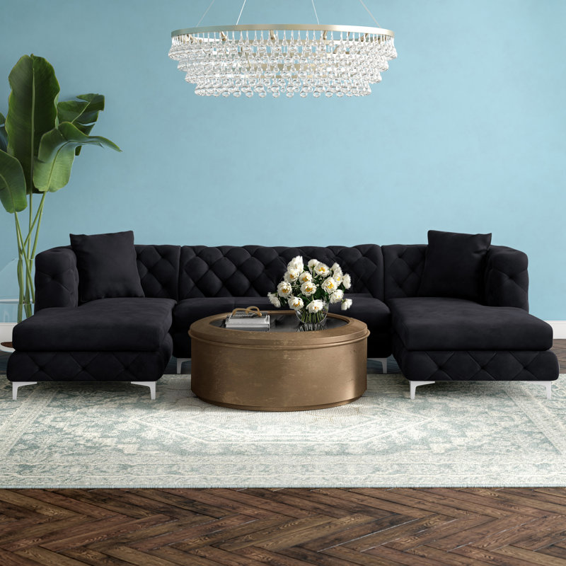 Miranda Velvet U-Shaped Sectional Symmetrical, Black Velvet