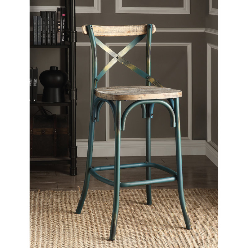 Tabouret de bar vintage en turquoise et chêne - Confortable et de haute qualité, base robuste à quatre pieds avec repose-pieds, élégant pour la salle à manger, dossier croisé pour une assise optimale, style classique et stable