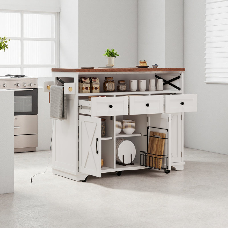 Îlot de cuisine de 46,5 po avec rideau de perles, prise de courant, chariot de cuisine sur roulettes avec abattant, 3 portes, 3 tiroirs et tablette interne en fer, pour la cuisine, la salle à manger