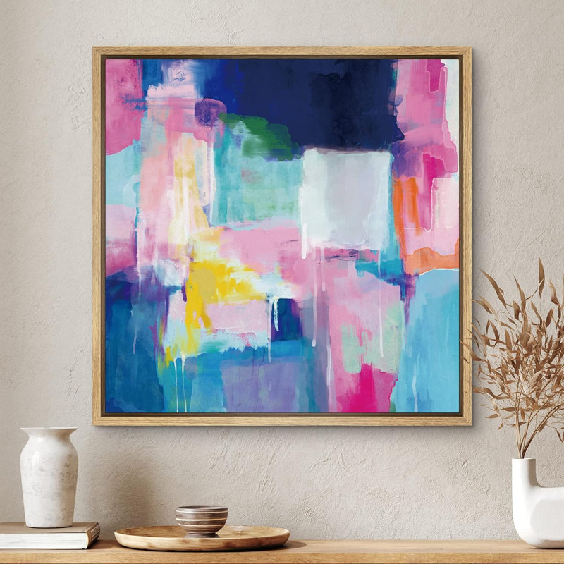Coups de peinture rose pastel, bleu sarcelle, bleu et orange - reproduction de cadre flottant sur toile, Encadré naturel