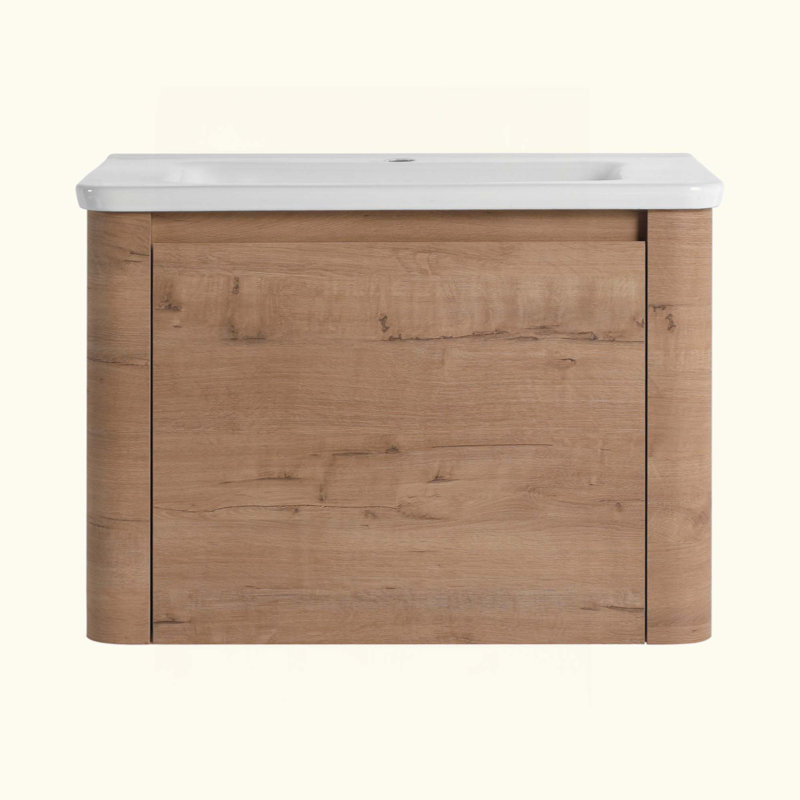 Meuble-lavabo mural avec lavabo en céramique et tablettes de rangement et 1 porte, emballage KD, contreplaqué