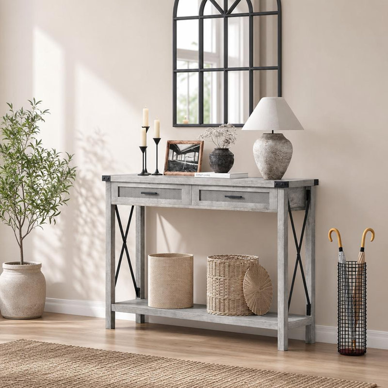 Console grise avec tiroirs en rotin, table d'entrée de 43 po avec rangement, canapé-lit étroit pour le salon, couloir, Gray