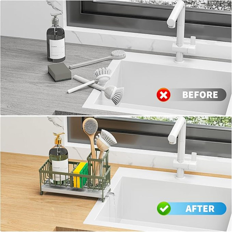 Sponge Holder For Kitchen Sink, Sink Caddy With High Brush Holder, Organzier Rustproof 304 Stainless Steel Dish Organizer Divider, Soap Dispenser Storage