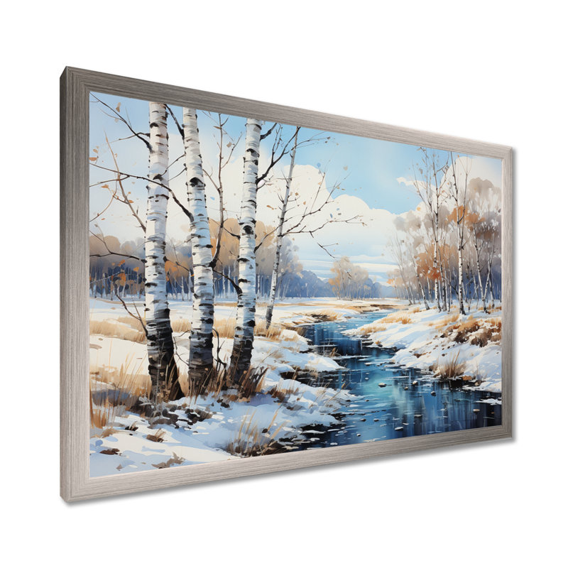 Birch Woods Winter Whispers IV - arbre, art mural Birch, Cadre simple argenté, H 16 po x l 32 po x P 1 po