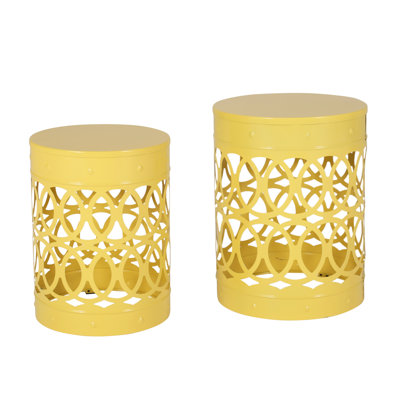 Outdoor Yellow Metal S/2 End Tables, Minimalist Iron Look, Powder-Coated Durability, No Assembly, 13.95"W X 13.95"D 18.21"H & 12.00"W 12.00"D 16.00"H Modern Construction, Frame,