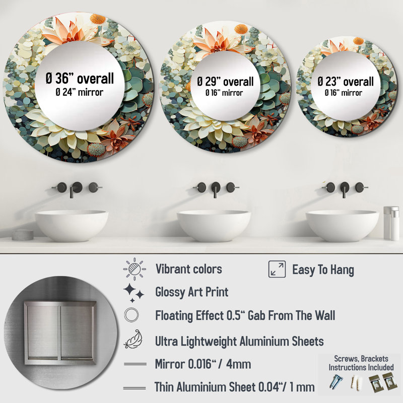 «Sabba Green White Succulents Flowers Serene Succulents I», grand miroir mural rond traditionnel, reproduction d'art en métal