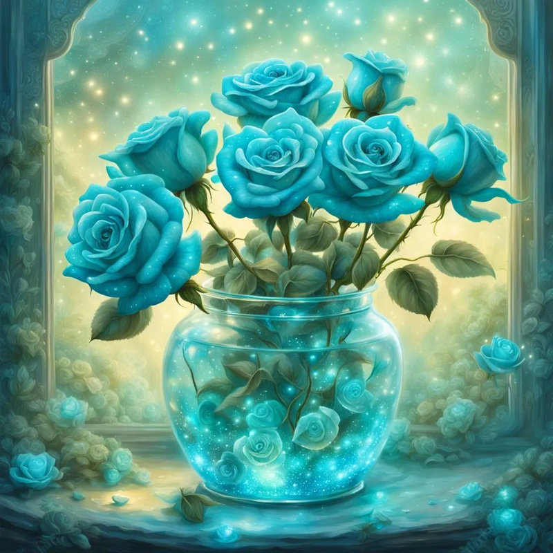«Ethereal Glow - Enchanted Blue Roses in Glass Vase», art sur toile, H 12 po x l 12 po