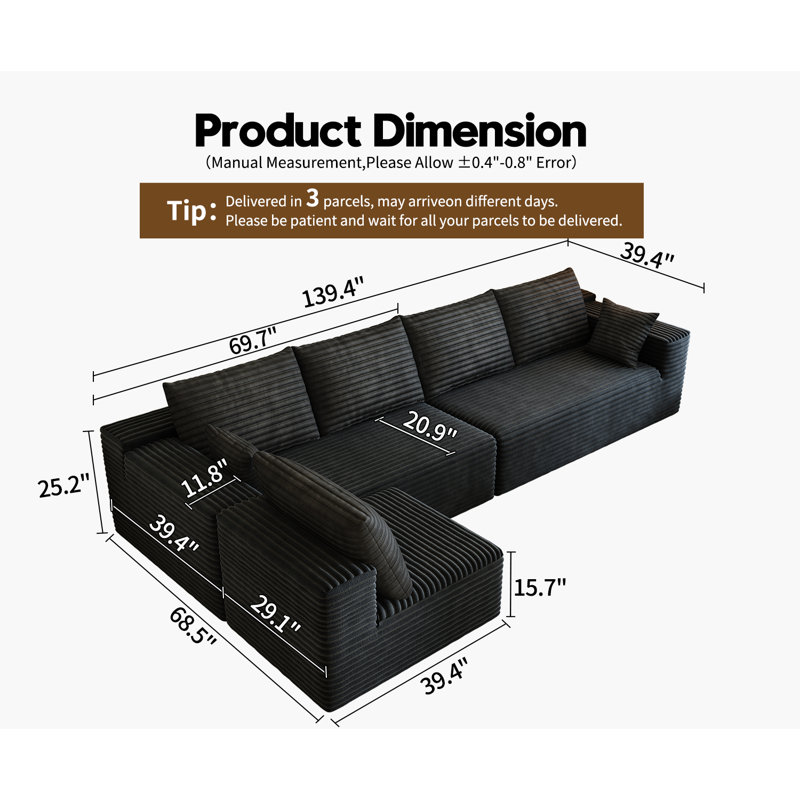 139.4" Modular Sectional Sofa, L-Shaped Minimalist Couches with Middle Seat Chaise, Modern Deep Seat Convertible Sleeper Sofa,Cloud Plush Corduroy Fabric, No Assembly Required, 5 Seater
