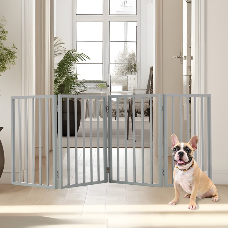 Barrière pour animaux 4 portes en bois pliable pour chien et chat de 73 po x 24 po, clôture de sécurité en accordéon autoportante pour escaliers, couloirs et portes, aucun outil requis, barrière pour animaux de compagnie de Petmaker (gris)