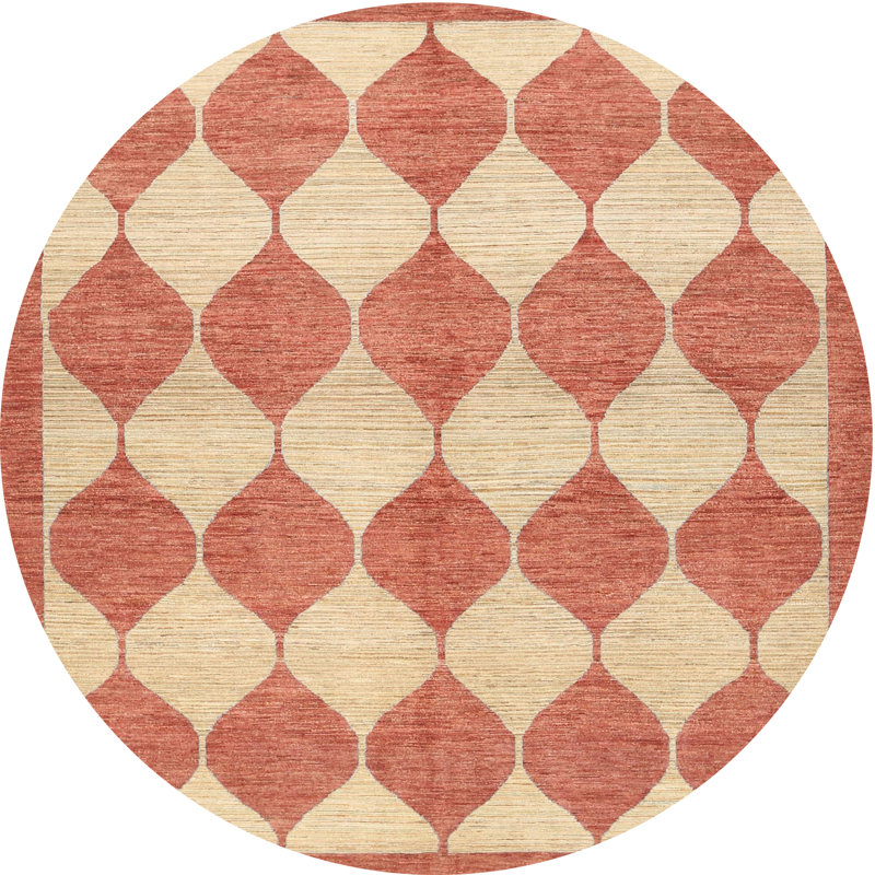 Tapis contemporain rouge / beige, Rond 7 pi
