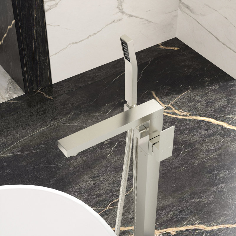 Floor Mounted Tub Filler Faucet In Brushed Nickel, High - Quality Brass Core, Dual Temperature Precision Valves, 360 + 90 Spout Movement, Splash Nickel Bathroom With Hand Shower, Corrosion Copper