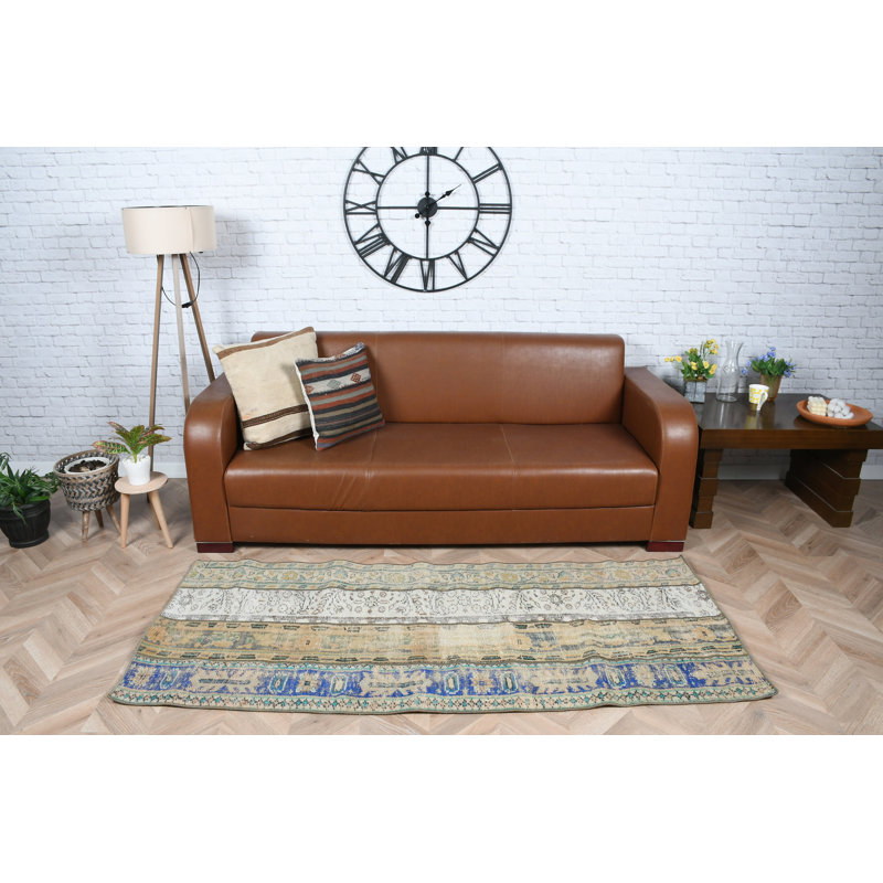Handmade Vintage Turkish Runner With Unique Tribal Pattern In Beige And Blue For Antique Hallway Décor