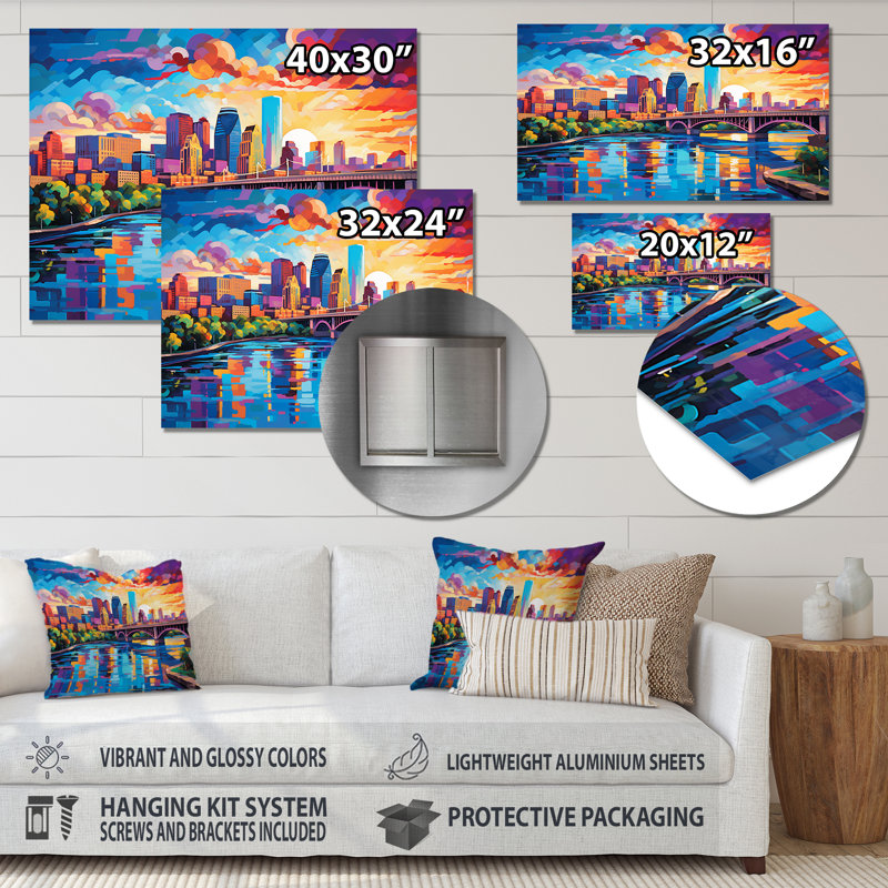 «Colorful City Minneapolis Popart I», reproduction sur métal sans cadre, H 12 po x l 20 po x P 1 po