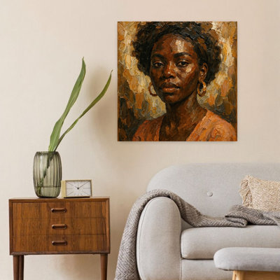 Portrait d'une femme africaine puissante dans des tons chauds de terre, art mural contemporain abstrait