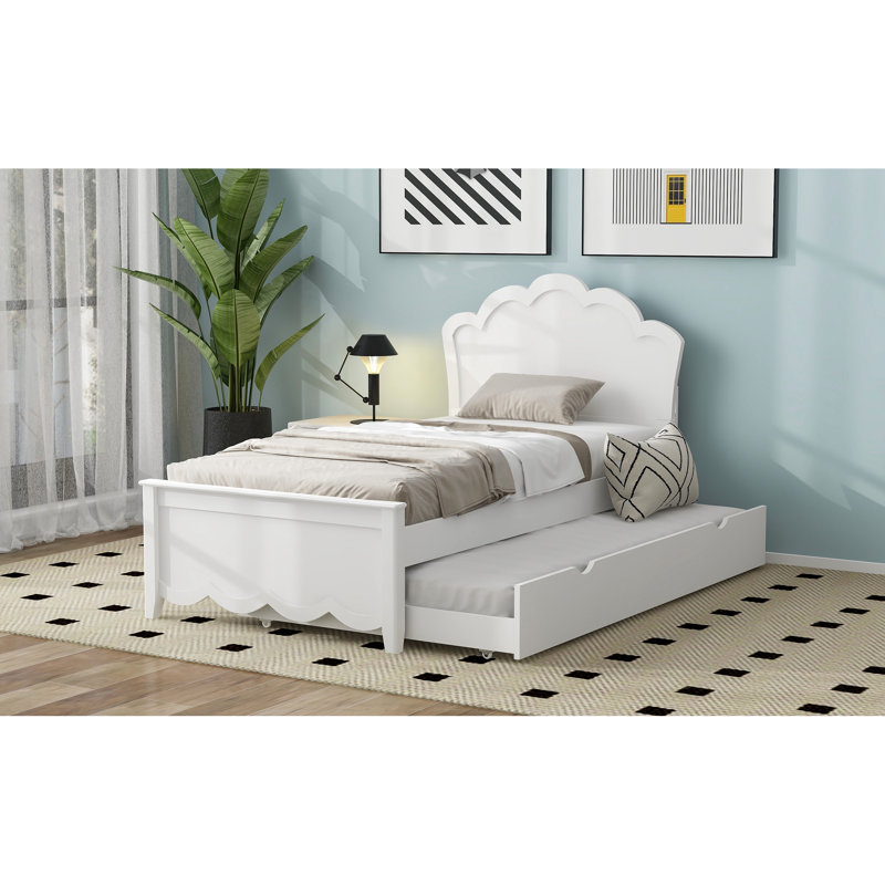 Lit simple en bois blanc avec tête de lit et lit gigogne pratique, Lit simple