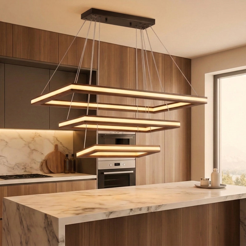 3 Tiers Rectangle LED Chandelier, Walnut