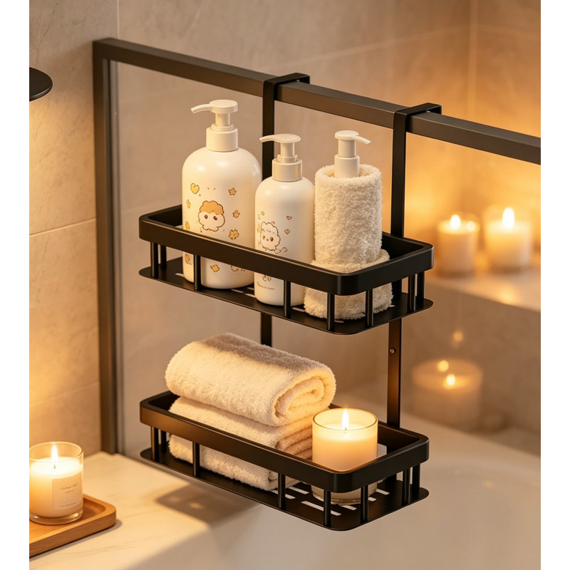 Serviteur de douche à 2 niveaux en métal antirouille avec tablettes ventilées, organisateur de salle de bain sans perçage - Style minimaliste moderne pour les petites salles de bain et les locatifs