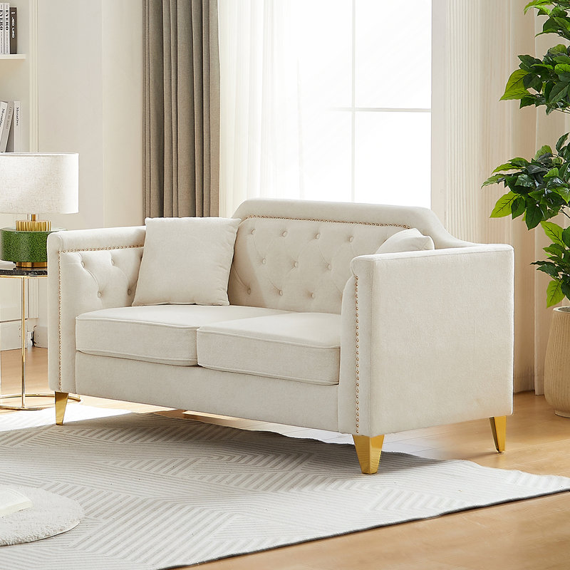 " mid-century modern chenille sofa | tufted buttons & copper nail armrest | 2 pillows | metal legs | stylish living room couch