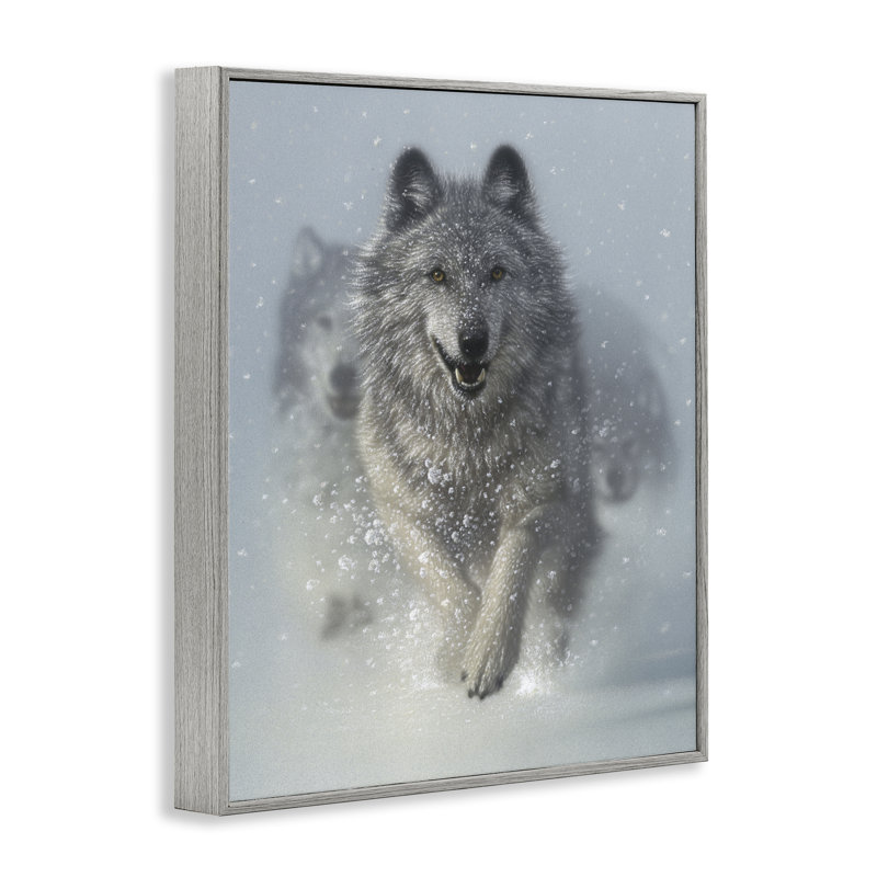 Snow Plow Running Wolf Pack Framed Giclee, design by Collin Bogle, Farmhouse Gray Framed Giclee, 14" H x 11" W