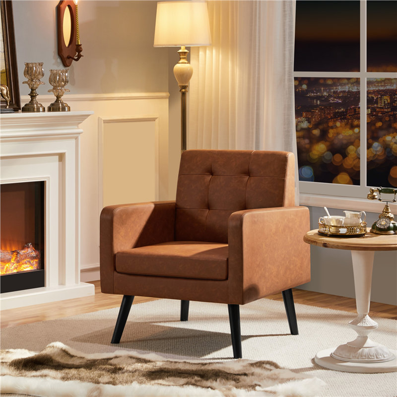Bakhyt Tufted  Armchair with Solid Wood Leg, Retro Brown Faux Leather