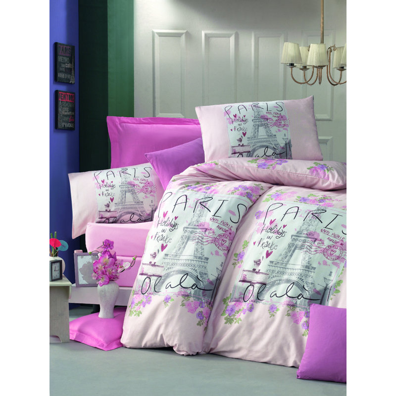 Ensemble de housse de couette 100% coton rose / blanc Meekins, Housse de couette double + 2 taies d'oreiller 31 p
