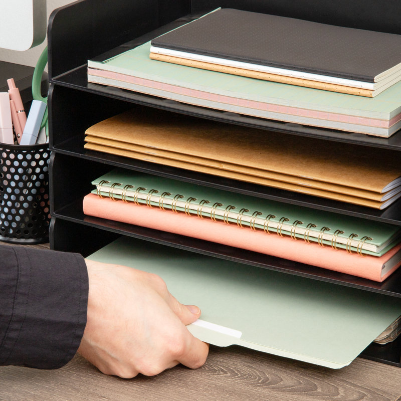 Plateau de papier empilable, organisateur de bureau, rangement pour dossiers, bureau, plastique, 4 pièces, noir, Noir