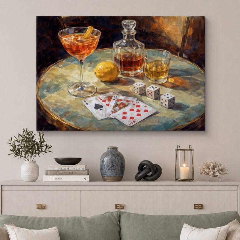 «Cocktail Still Life With Decanter Card And Dice», reproduction d'art sur toile encadrée, impression sur toile, Toile tendue