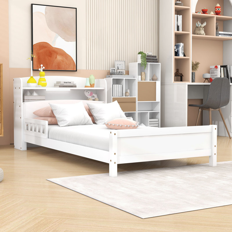 Lit plateforme en bois avec lumière DEL et tête de lit, Simple, Blanc