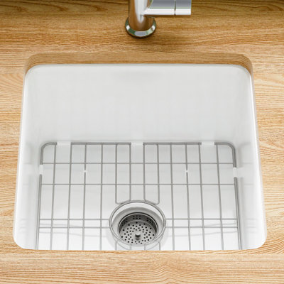 18" L x 18" W Fireclay White Undermount Bar Sink Single Bowl with Bottom Grids and Basket Strainer
