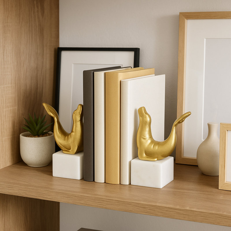 Ensemble de serre-livres décoratifs en forme d'otarie sur base en marbre pour accessoires de bureau et de bibliothèque modernes de 2 po, 10 po, or