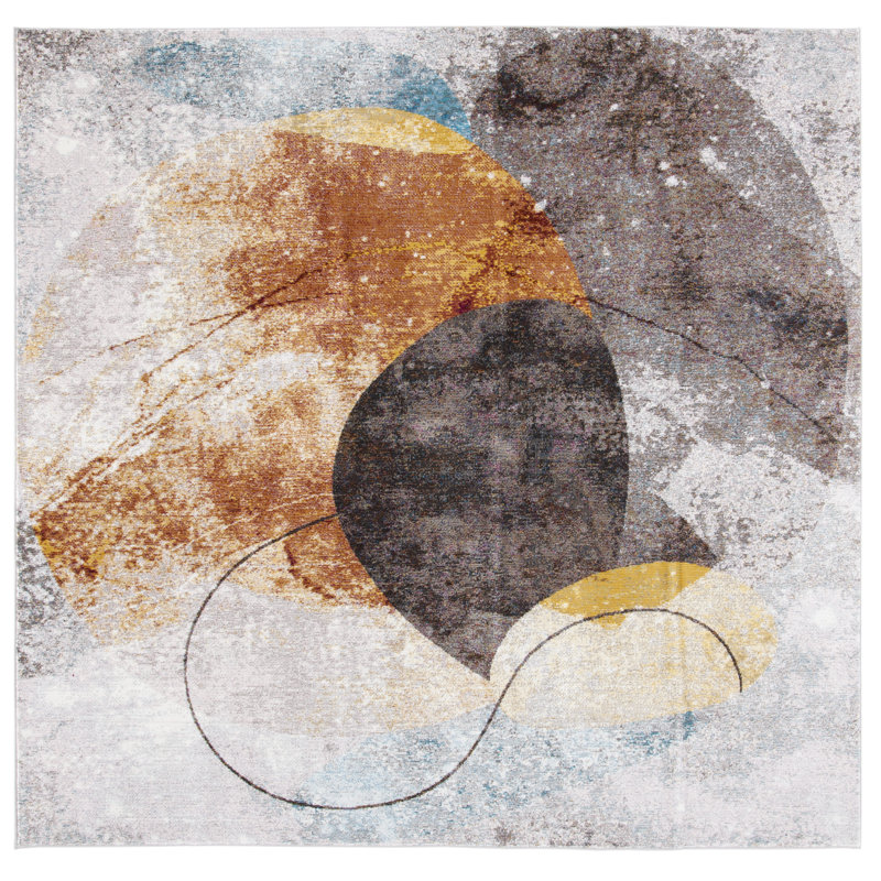 Papillon Abstract Gray/Brown/Teal Area Rug, Square 6'5"