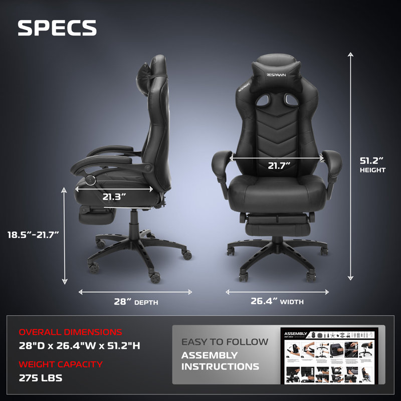 RESPAWN 110 Pro Ergonomic Gaming Chair with Footrest for Adults - Comfortable Office Gaming Recliner with Lumbar Support and Headrest, Racing Style Video Game Chairs for Computer Gamer
